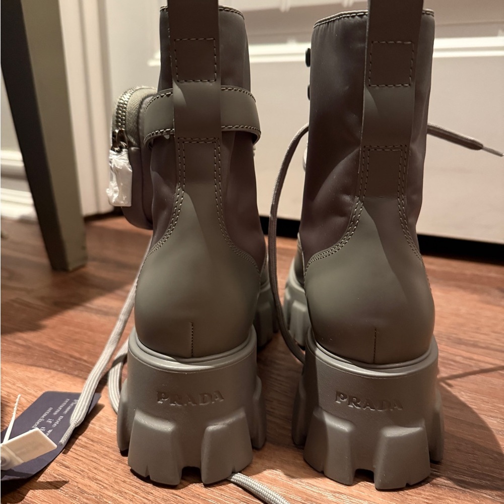Prada Monolith Lace-Up Combat Boots in Light Gray with Removable Pouch - Picture 2 of 7